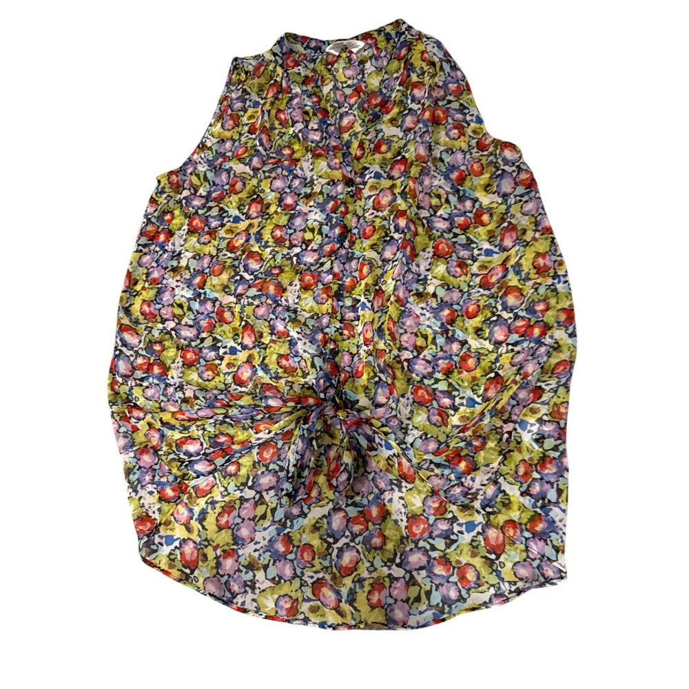 ZOA Floral Woman's Watercolor Sleeveless Front Tie Button Down Top Multi Colored